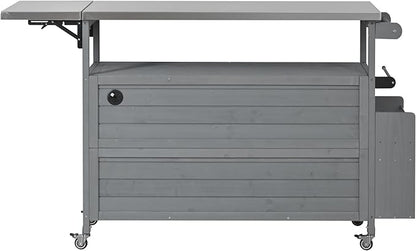 MERITLINE Foldable Outdoor Kitchen Island with Stainless Steel Top & Fir Wood Frame, Adjustable Hidden Shelf & Two-Tier Rack, Lockable Casters for Patio, Garden, Balcony, Grey