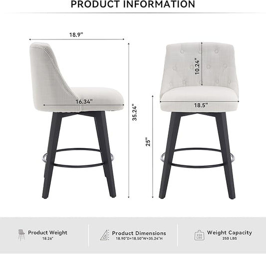 25" Swivel Bar Stools Set of 2-Modern Counter Height Chairs with Linen Upholstery&Button Tufted Back, Solid Wood Frame Barstools for Kitchen Island