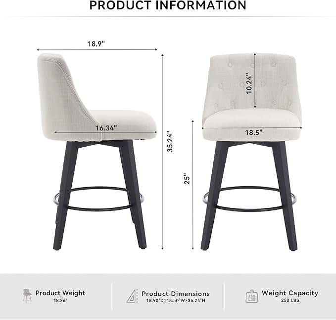 25" Swivel Bar Stools Set of 2-Modern Counter Height Chairs with Linen Upholstery&Button Tufted Back, Solid Wood Frame Barstools for Kitchen Island