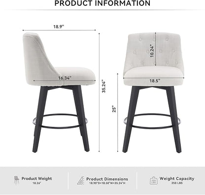25" Swivel Bar Stools Set of 2-Modern Counter Height Chairs with Linen Upholstery&Button Tufted Back, Solid Wood Frame Barstools for Kitchen Island