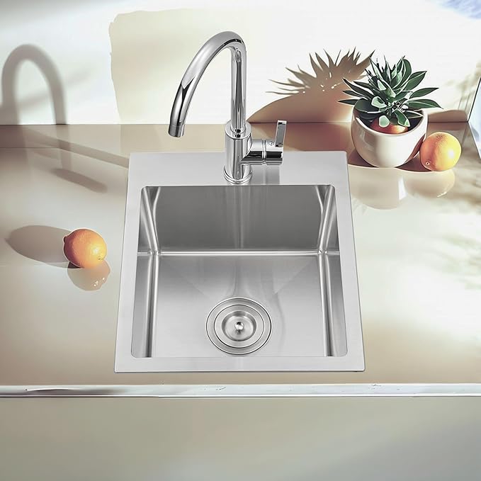 15x17 Inch Bar Sink Drop In, Topmount Kitchen Sink Stainless Steel Square Small Sinks, Single Bowl Kitchen Sinks for Laundry Wet Bar Prep RV Office Outdoor Yard with Grid & Drain