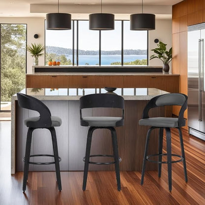 Armen Living Shelly 26" Counter Height Swivel Gray Faux Leather and Black Wood Bar Stool - Set of 3