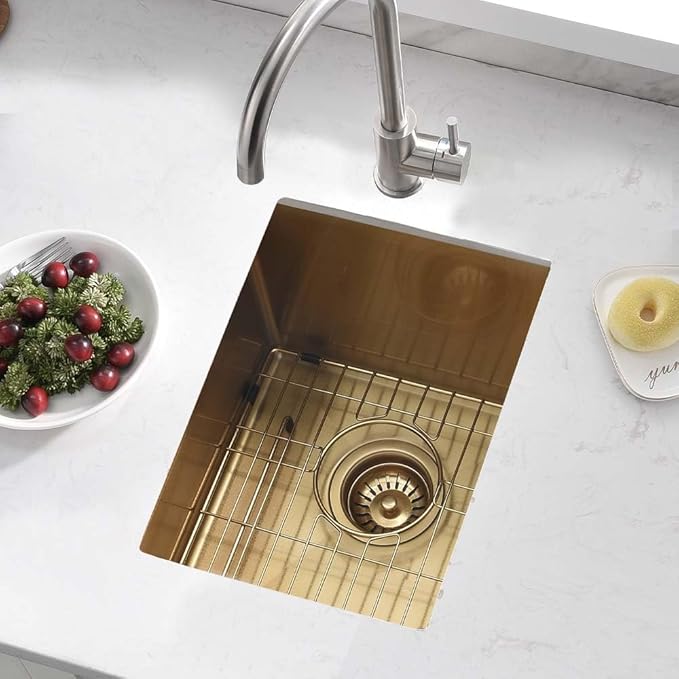 Gold Bar Sink Undermount,Wesliv 12x16 Inch Small Bar Sink Gold Undermount Kitchen Sinks Wet Bar Prep 16 Gauge Stainless Steel Single Bowl Rv Sinks with Bottom Grid