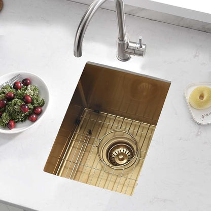 Gold Bar Sink Undermount,Wesliv 12x16 Inch Small Bar Sink Gold Undermount Kitchen Sinks Wet Bar Prep 16 Gauge Stainless Steel Single Bowl Rv Sinks with Bottom Grid