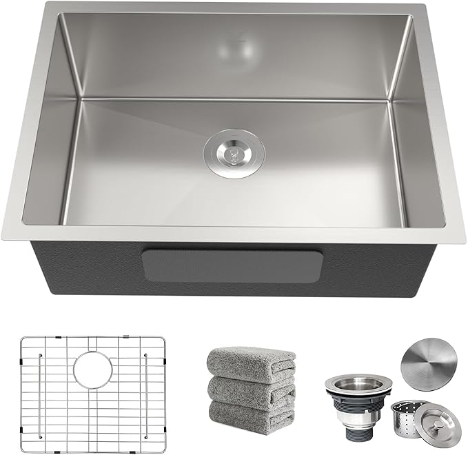 Kitchen Sink 25x18 Inch Undermount Sink 16 Gauge Stainless Steel Single Bowl Kitchen Sinks with Accessories Round Corners Handmade Sink