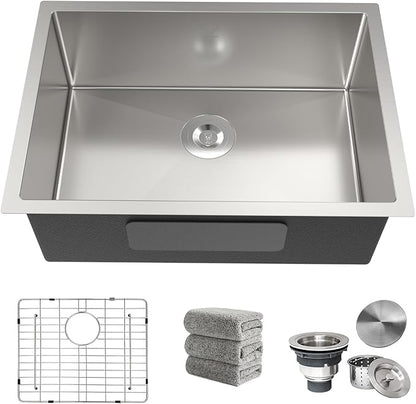 Kitchen Sink 25x18 Inch Undermount Sink 16 Gauge Stainless Steel Single Bowl Kitchen Sinks with Accessories Round Corners Handmade Sink