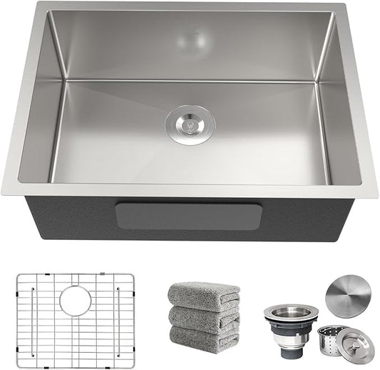 Kitchen Sink 25x18 Inch Undermount Sink 16 Gauge Stainless Steel Single Bowl Kitchen Sinks with Accessories Round Corners Handmade Sink