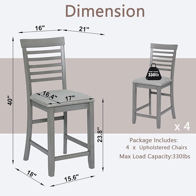 Set of 4 Dining Chairs, Wooden Kitchen Chairs with Padded Cushion, Upholstered Stools for Kitchen Island, Dining Room, Living Room, Easy Assembly (Gray - Ladder backrest)