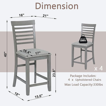 Set of 4 Dining Chairs, Wooden Kitchen Chairs with Padded Cushion, Upholstered Stools for Kitchen Island, Dining Room, Living Room, Easy Assembly (Gray - Ladder backrest)