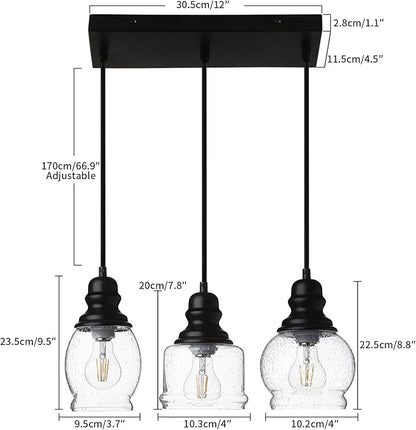 WILON Industrial Pendant Lighting, Pendant Lights for Kitchen Island 3 Light Glass Pendant Light Fixture with Seeded Glass Shade, Adjustable Cord Farmhouse Ceiling Light Black finish Linear Chandelier