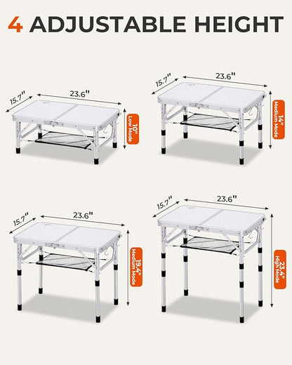 Sportneer Camping Table: Adjustable Height Small Folding Table 23.6" L x 15.7" W 4 Height with Mesh Layer - Compact & Portable Camping Essentials for Outdoor Camp Garden Picnic BBQ Dining Cooking