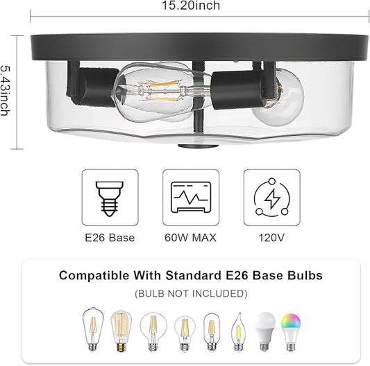 Flush Mount Ceiling Light with Clear Glass Shade, 3-Light Indoor Outdoor Farmhouse Lighting Flush Mount Lights for Kitchen Bedroom Porch Living Dining Room (Black)