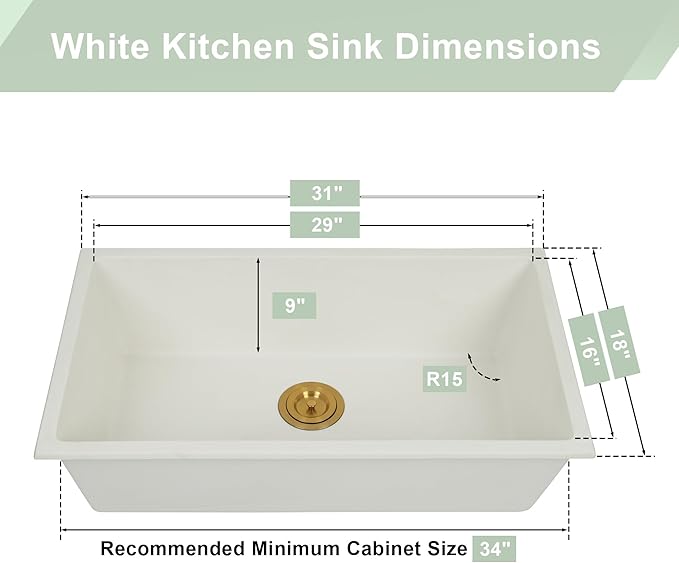 White Kitchen Sink,Granite Composite Undermount Kitchen Sink,Single Bowl Drop In Kitchen Sinks (31" X 18")