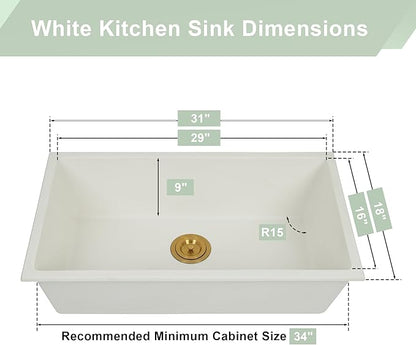 White Kitchen Sink,Granite Composite Undermount Kitchen Sink,Single Bowl Drop In Kitchen Sinks (31" X 18")