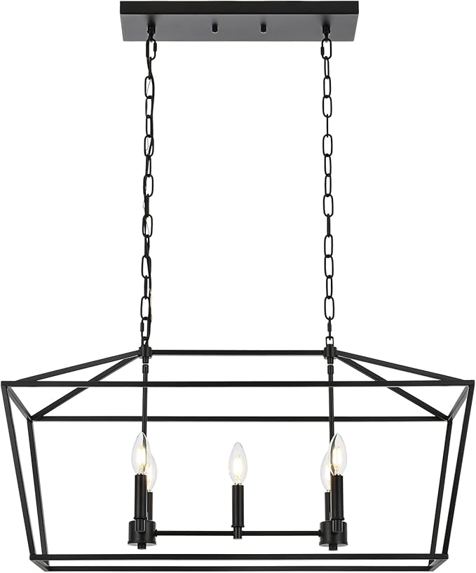 5-Light Kitchen Island Linear Chandelier Large Farmhouse Black Pendant Lighting for Dining Room Over Table Vintage Lantern Hanging Light Fixture, Sloped Ceiling