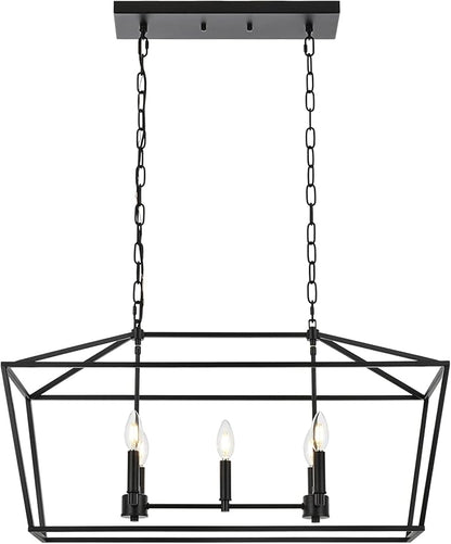 5-Light Kitchen Island Linear Chandelier Large Farmhouse Black Pendant Lighting for Dining Room Over Table Vintage Lantern Hanging Light Fixture, Sloped Ceiling