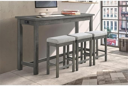 Pemberly Row 4 Piece Wood Counter Height Dining Set, Brownish Gray Finish, Ash Veneer Table with Drawer, USB Ports, Power Outlets, 3 Upholstered Stools, 66.25 in Table for Kitchen or Dining Room