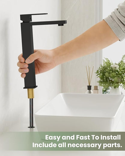 gotonovo Vessel Sink Faucet Single Handle Tall Bathroom Faucet One Hole Modern Lavatory Vanity Basin Mixer Tap Matching Supply Hoses and Pop up Drain Without Overflow, Matte Black