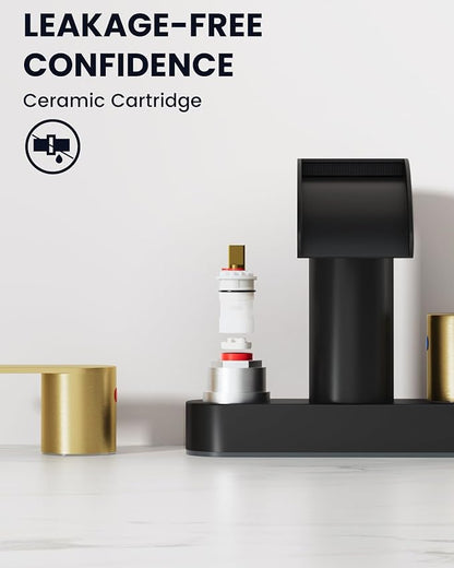 gotonovo 4 Inch Centerset Waterfall Bathroom Sink Faucet Deck Mount 2 Handle Basin Faucets 2 or 3 Hole with Pop Up Drain Included Lavatory Modern Mixer Tap Vanity Faucet Matte Black and Brushed Gold