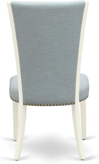 East West Furniture VEP2T15 Verona Parson Dining Chairs - Nailhead Trim Baby Blue Linen Fabric Padded Chairs, Set of 2, Linen White
