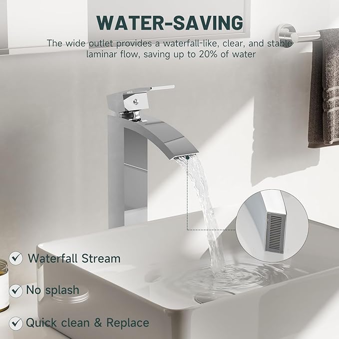 Chrome Vessel Sink Faucet, Greenspring Waterfall Bathroom Faucets, Tall Spout Single Handle Single Hole Bathroom Faucets with Pop Up Drain and Without Overflow Basin Faucet Supply Line