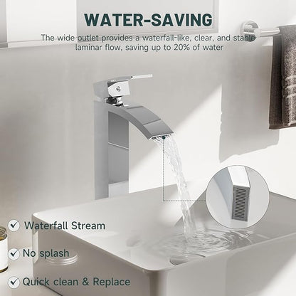 Chrome Vessel Sink Faucet, Greenspring Waterfall Bathroom Faucets, Tall Spout Single Handle Single Hole Bathroom Faucets with Pop Up Drain and Without Overflow Basin Faucet Supply Line