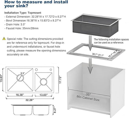 32" x 18" Drop-in/Topmount Double Bowl Kitchen Sink, Nano-Coated 304 Stainless Steel Kitchen Sink with Drain and Overflow