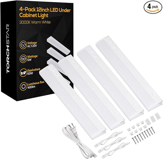 TORCHSTAR Plug in Under Cabinet Lighting, ETL Listed Linkable LED Under Cabinet Light Kit, Individual Control, 12 Inch, 3000K Warm White, 6W, Pack of 4