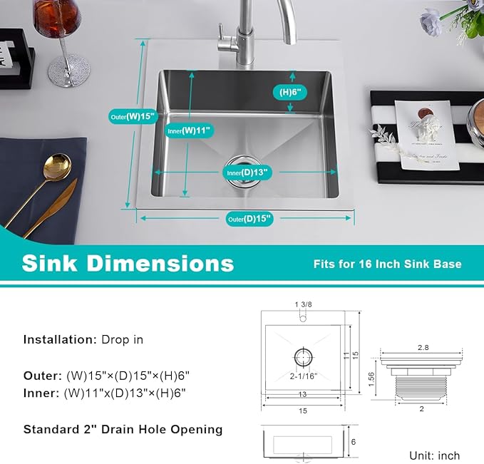 15 x 15 inch Kitchen Sink with 2" Drain Hole, 304 Stainless Steel Handmade Drop-in Bar Sink, RV Camper Kitchen Sink, Brushed