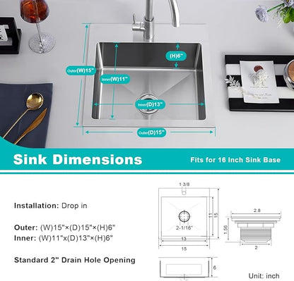 15 x 15 inch Kitchen Sink with 2" Drain Hole, 304 Stainless Steel Handmade Drop-in Bar Sink, RV Camper Kitchen Sink, Brushed