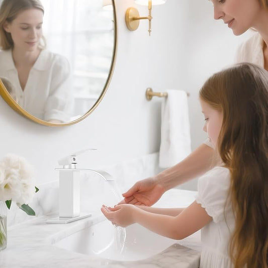 White Bathroom Faucets, Waterfall Bathroom Sink Faucet Modern Single Handle Bathroom Faucte 1 or 3 Hole, RV Mixer Tap Vanity Faucet - Includes Pop-up Drain Supply Hoses Deck Plate