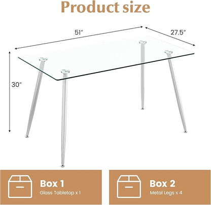 Moccha 51” Glass Dining Table, Modern Rectangular Table with Spacious Tempered Glass Tabletop & Sliver Metal Legs, Adjustable Foot Pads, Transparent Kitchen Table for Home Office