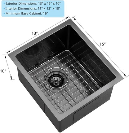 13 Black Bar Sink Undermount-VASOYO 13x15 Inch Undermount Bar Sinks Small Kitchen Sink for Bar Prep, Outdoor, Rv, 16 Gauge Stainless Steel Single Bowl Kitchen Basin with Bottom Grid