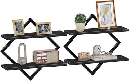 CHOEZON Floating Shelves, Set of 2 Wall Shelves, 2-Tier Hanging Shelves, Wall Shelf Set of 2, Wall Mounted Shelves, for Living Room, Bedroom, Kitchen, Office, Study, Black TBJ01P2BB