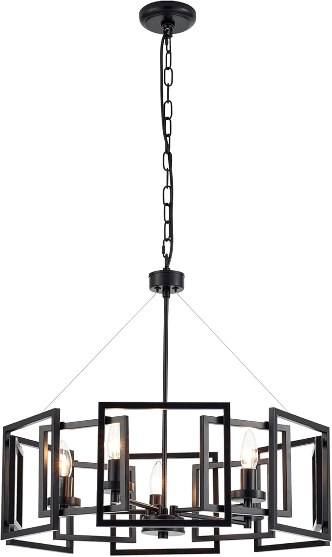 Industrial Style Chandelier, with Matt Black Finish Geometric Shade Pendant Lighting Fixture for Dining Room Living Room Kitchen Island Bedroom 5-Light