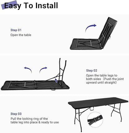 Byliable Folding Table 6ft, Heavy Duty Portable Plastic Fold-in-Half Utility Table with Carrying Handle for Indoor Outdoor, Camping Picnic Party, Black