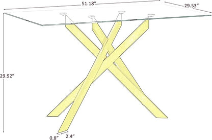 51.18" Rectangular Glass Dining Table, Tempered Glass Kitchen Tabe with Metal Legs, Stylish and Sturdy Dinner Table for Home and Outdoor Dining (Golden, 51.18'')
