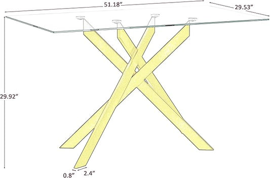 51.18" Rectangular Glass Dining Table, Tempered Glass Kitchen Tabe with Metal Legs, Stylish and Sturdy Dinner Table for Home and Outdoor Dining (Golden, 51.18'')