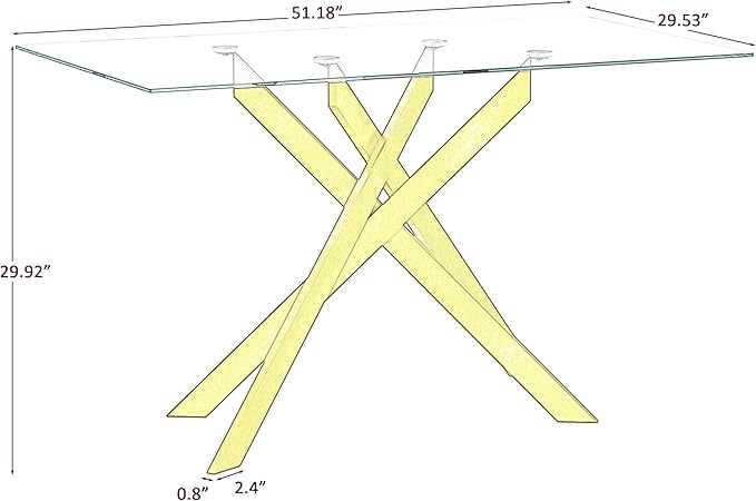 51" Rectangle Dining Table for 4 5 6 People, Modern Dining Table with Gold Chrome Metal X-Shaped Legs, Large Glass Kitchen Table Family Dinner Table for Home Office Living Room