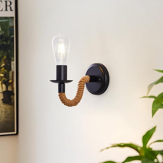 KUAUGST Black Rustic Wall Sconces, Retro Industrial Wall Lamps, Hemp Rope Wall Lamp, E26 Lamp Holder, Suitable for Bedroom Living Room Corridor Kitchen (Bulb not Included)