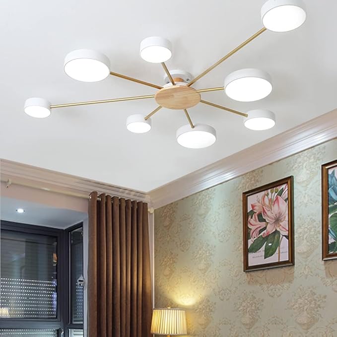 8-Lights LED Dimmable Ceiling Light Fixture,48 Inch Modern Ceiling Lights Flush Mount Wooden 64W Chandelier for Living Room Bedroom Kitchen,3000K/4000K/6000K White