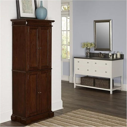Bowery Hill Traditional Wood Kitchen Pantry, 72"H x 29.75"W x 16"D, Brown Cherry Finish, 4 Shelves, Distressed Oak Veneer, Carved Door Panels, Antique Nickel Hardware, Versatile Storage Cabinet for