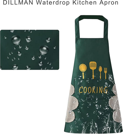 DILLMAN Women Kitchen Apron with Hand Wipe Pockets，Big Pocket,Hand-wiping, Waterproof for Cooking Baking