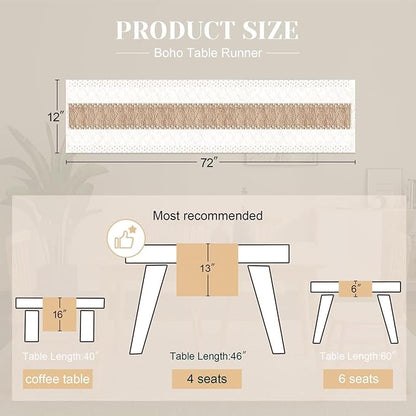 FEXIA Boho Table Runner for Home Decor with Out Tassels 72 Inches Long Farmhouse Rustic Table Runner Macrame Burlap Table Decoration for Living Room Bridal Shower(12x72 Inches)