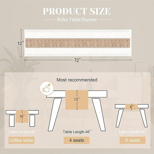FEXIA Boho Table Runner for Home Decor with Out Tassels 72 Inches Long Farmhouse Rustic Table Runner Macrame Burlap Table Decoration for Living Room Bridal Shower(12x72 Inches)