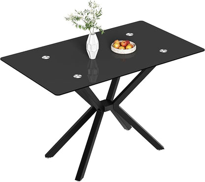 Glass Dining Table,47'' Rectangular Dining Kitchen Table,Modern X-Design Dining Room Table with Black Metal Base for Dining Room