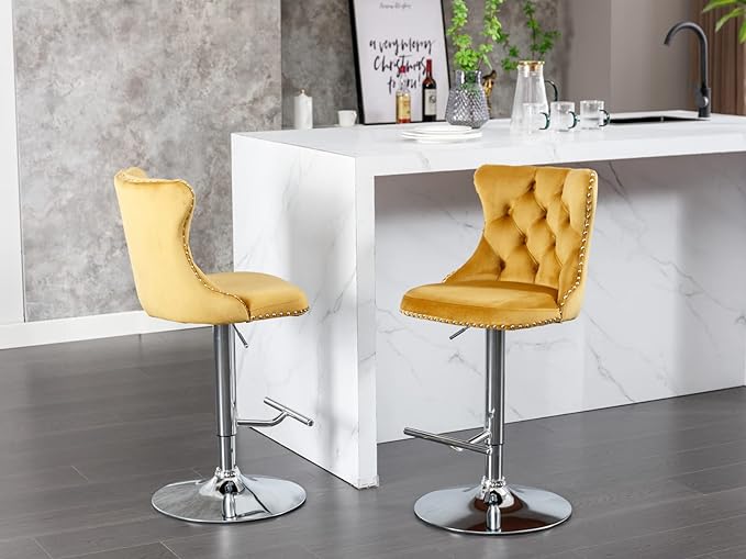 Rhomtree Velvet Swivel Bar Stools Upholstered Bar Stool with Button Tufted Back and Pull Ring Height Adjustable Barstools 25-33 Inch for Home Pub and Kitchen Island (Gold with Silver Base, Set of 4)