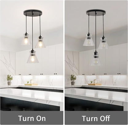 Black Kitchen Island Lighting, 3-Light Farmhouse Pendant Light with Clear Seeded Glass Shades, Adjustable Dining Room Light Fixture, E26 Dimmable Hanging Chandelier for Entryway Hallway