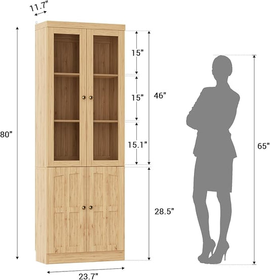 Cyclysio Kitchen Pantry Cabinet, 80" Wood Pantry Storage Cabinet with Doors and Adjustable Shelves, Kitchen Cabinet with Thickened Top Panel, Tall Cabinet for Livingroom, Pantry, Bathroom (2, Natural)