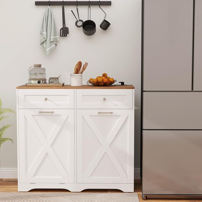 Giantex Tilt Out Trash Can Cabinet 10 Gallon, Kitchen Island with Power Outlet, 2 Drawers, Adjustable Shelves, Hidden Storage Garbage Bin Cabinet for Laundry Room Dining Room (White+Walnut)